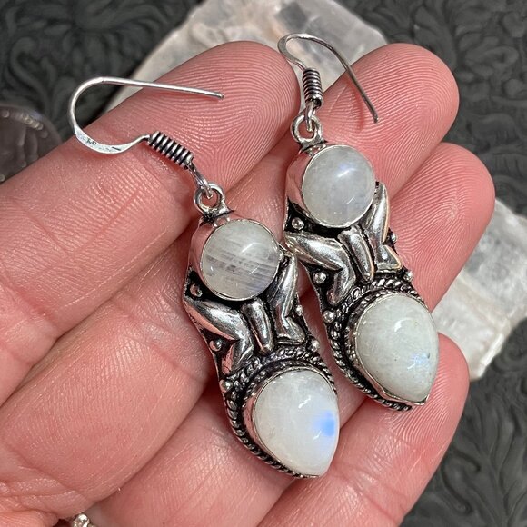 Rainbow Moonstone Butterfly Earrings Crystal Stone Jewelry - Picture 3 of 7